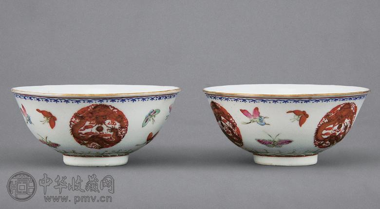 清光绪 抹红粉彩云龙纹小碗(1对)