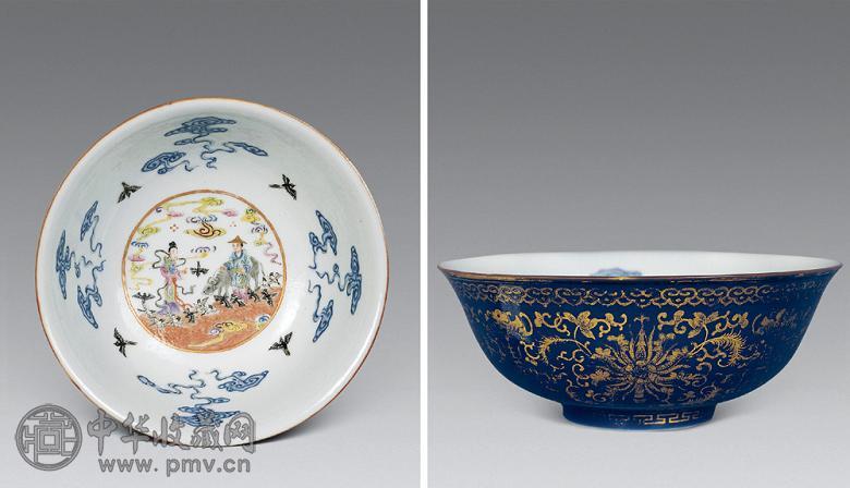 清中期 祭蓝描金粉彩牛郎织女碗