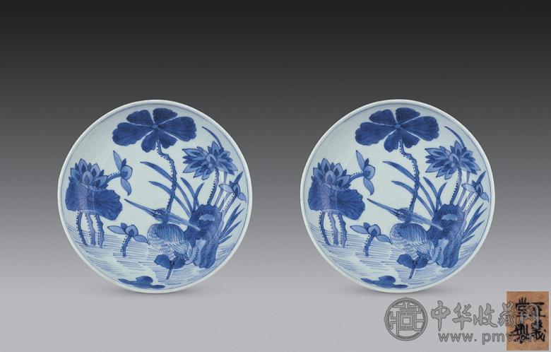 清 青花莲塘鹭鸶纹浅碗(1对)