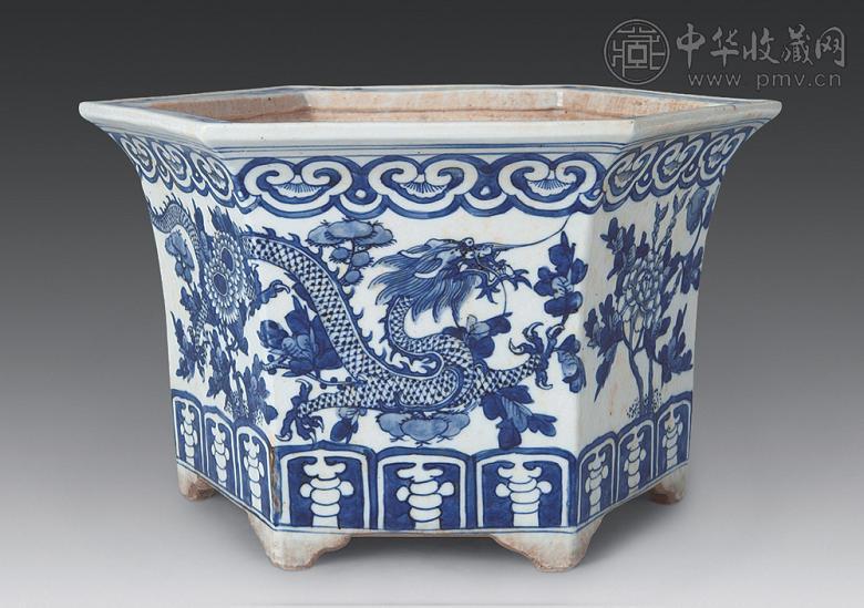 清 青花龙纹六角花盆