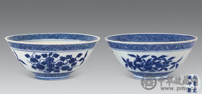 清光绪 青花淡描三多纹碗(1对)