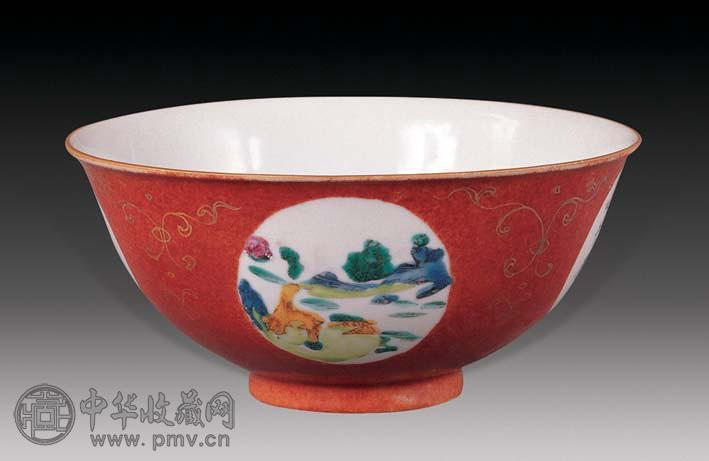 清乾隆 珊瑚地开光山水碗