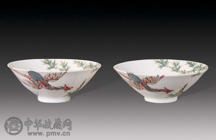 民国 粉彩凤竹斗笠碗(2件)