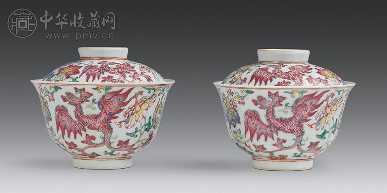 清 粉彩凤穿花卉纹盖碗(1对)