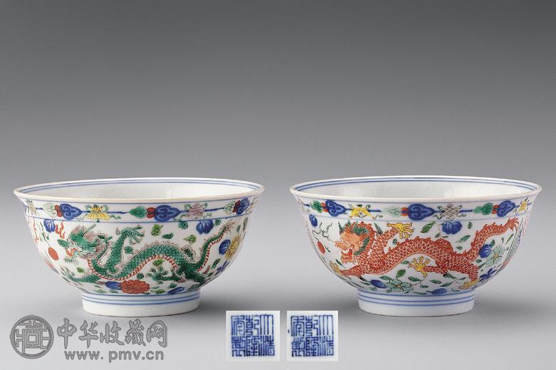 清乾隆 五彩龙凤纹碗(1对)