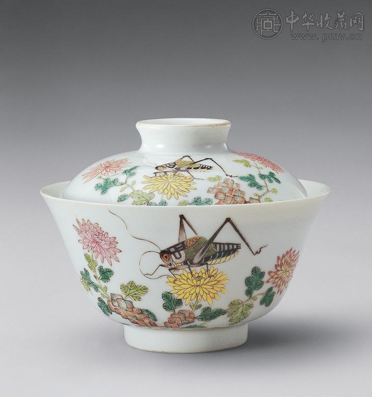 清道光 粉彩草虫花卉纹盖碗