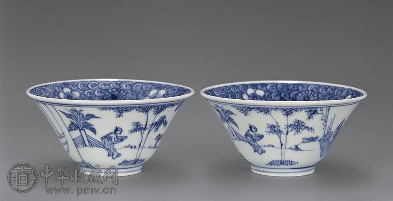 清康熙 青花淡描指日高升图斗笠碗(1对)