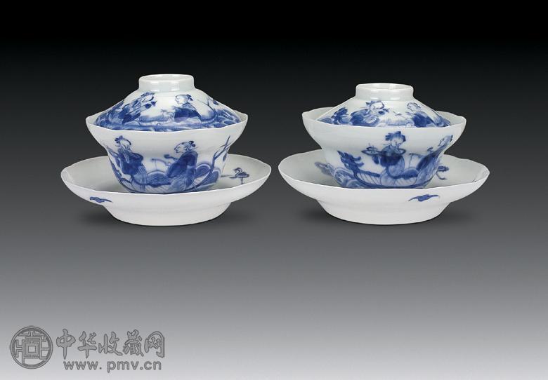 清道光 青花仙人乘槎盖碗