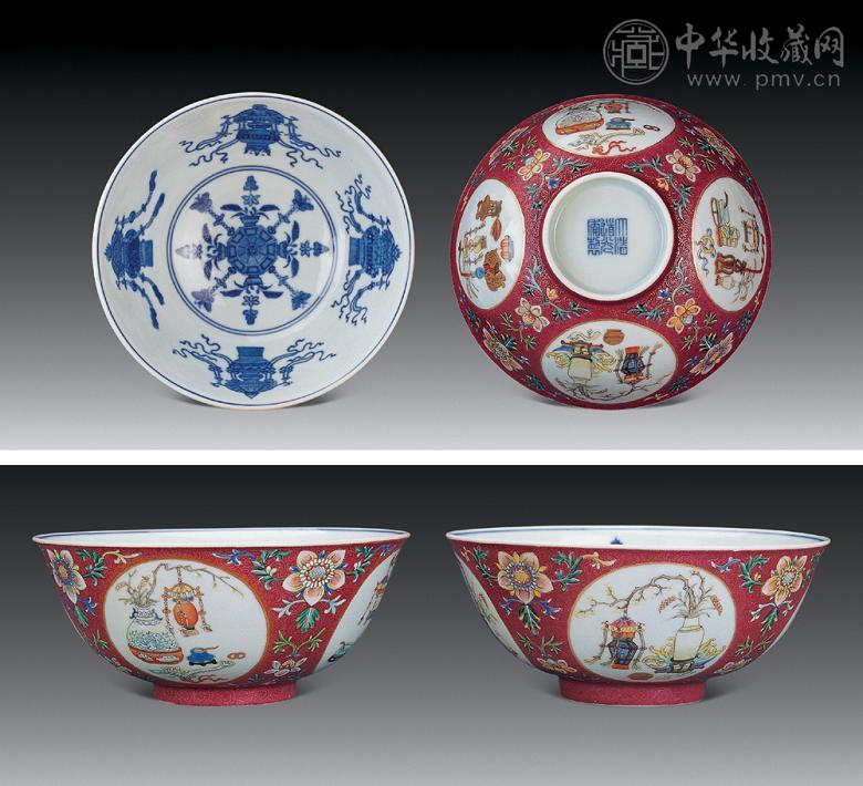 清道光 粉彩胭脂红轧道开光博古景碗(1对)