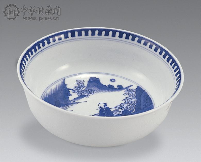 清 青花人物山水纹碗