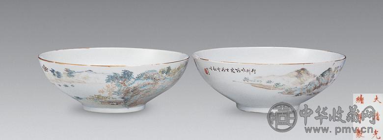 清光绪 浅绛彩山水纹大碗(1对)
