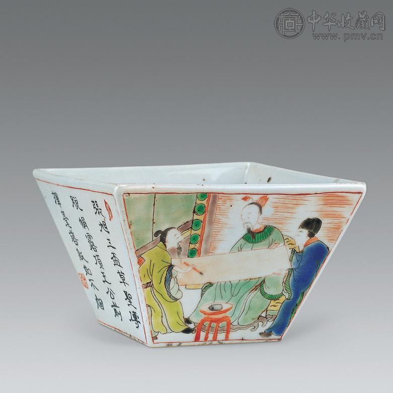 清 五彩人物纹方斗碗