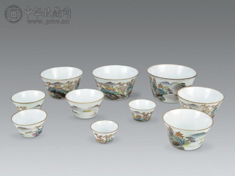 民国 粉彩山水纹套杯(10件)
