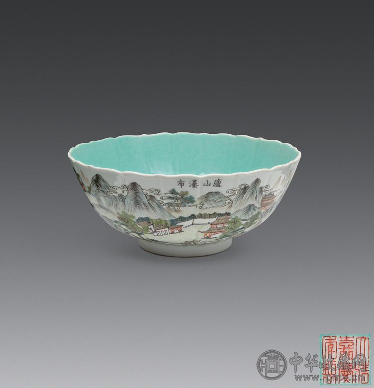 清嘉庆 粉彩楼阁山水诗文花口碗