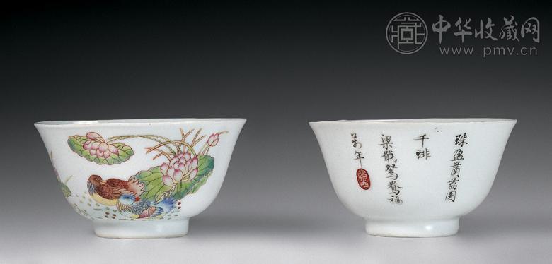 清道光 粉彩百年和合题诗纹碗