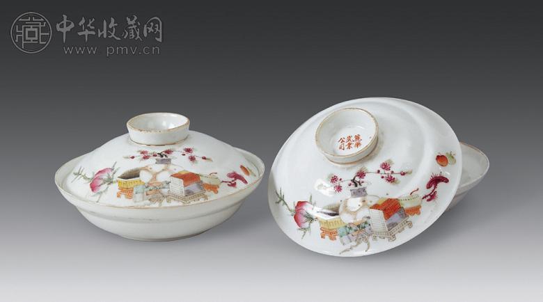 民国 粉彩花卉盖碗(1对)