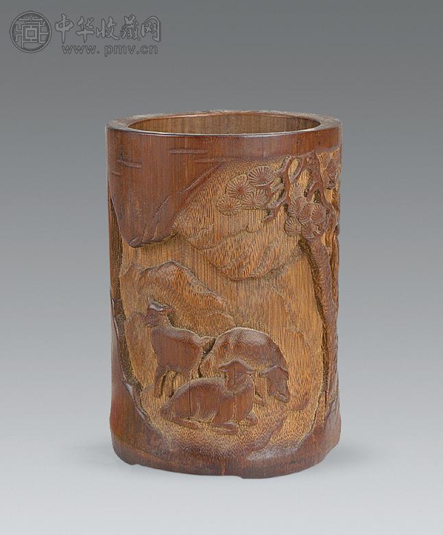 清 竹雕五羊图笔筒