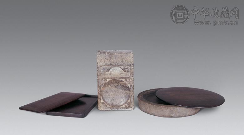 宋 鱼子石雕花方砚 澄泥圆砚(2方)