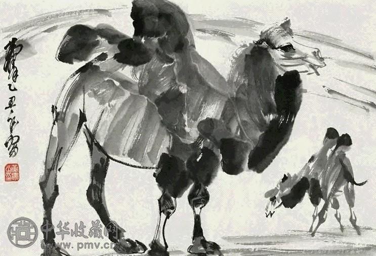 黄冑 1985年作 沙漠驼影图 镜心 水墨纸本