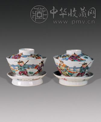 清同治 粉彩人物瓜棱盖碗(2件)