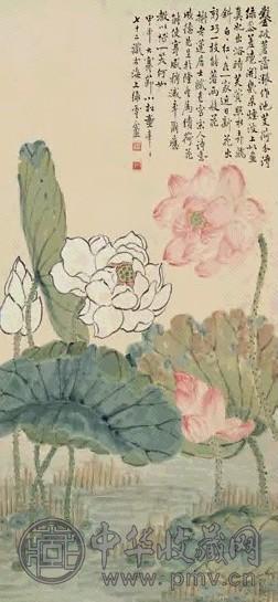 童大年 1944年作 芙蓉照水图 立轴 设色纸本