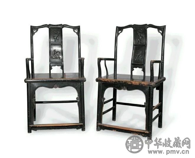 清中期 黑大漆雕刻官帽椅(1对)
