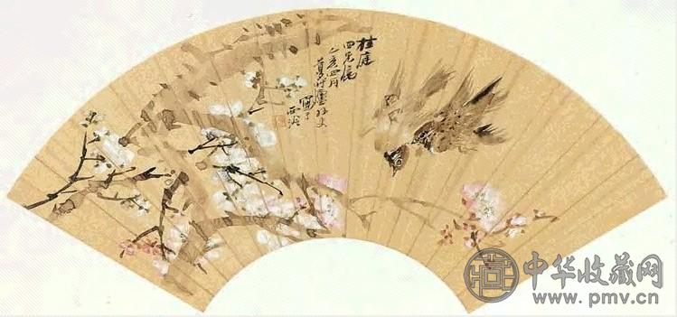 朱梦庐 乙亥(1875年)作 花鸟 扇片 设色洒金笺