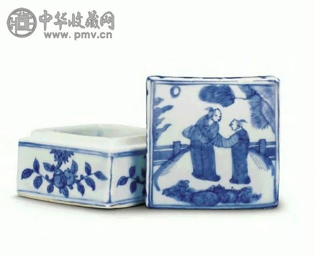 明 万历 青花人物纹印盒