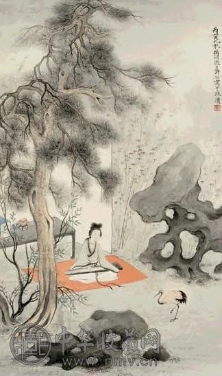 徐昭 丙寅(1926)年作 松荫抚琴 立轴 设色纸本