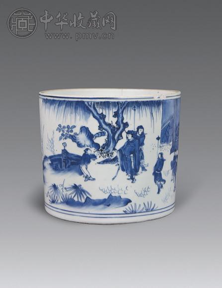 明崇祯 青花“文王访贤”故事纹笔筒