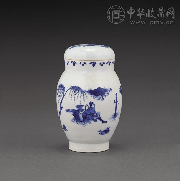 明崇祯 青花牧马图莲子罐
