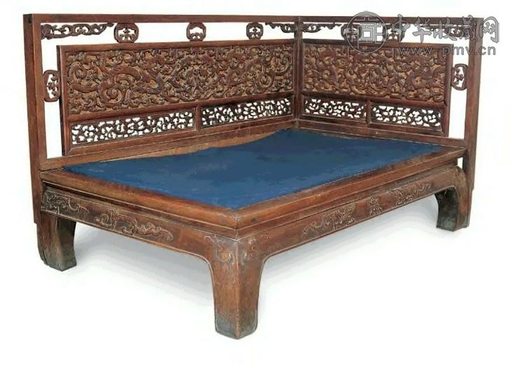 清 花梨木雕草龙小榻