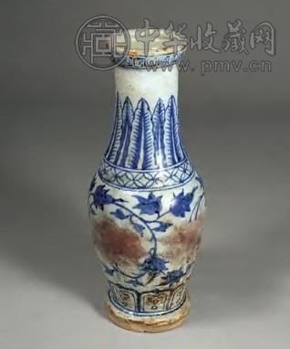 中國 清時代 青花釉裏紅纏枝花文蒜頭瓶 文甫雅玩