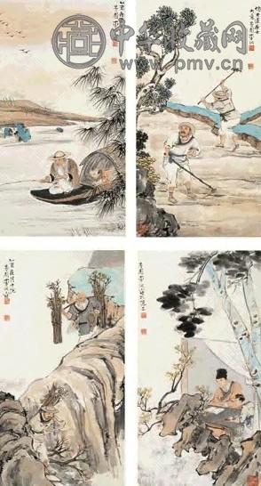 李芳园 1945年作 人物屏 四屏 设色纸本