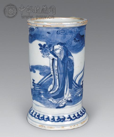 明天启 青花东方朔偷桃笔筒