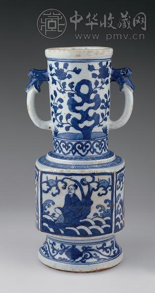 明万历 青花开光双耳圆口方瓶