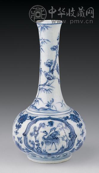 明 青花开光瓜楞鹤纹长颈瓶