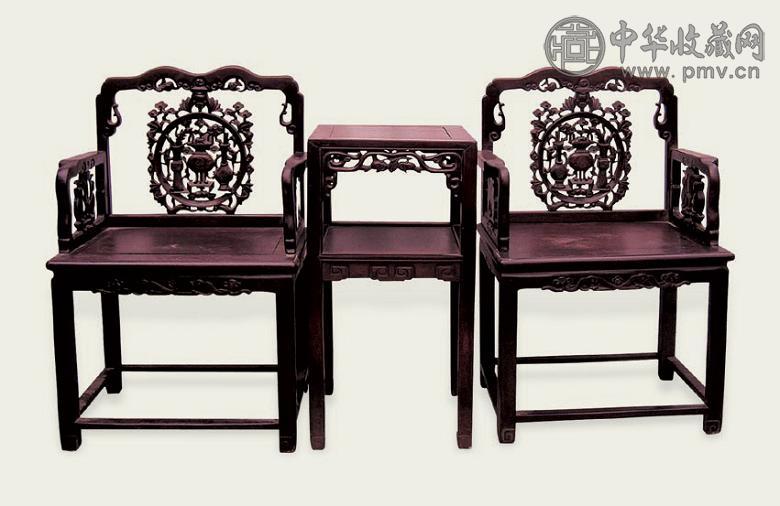清 红木雕钟鼎插花椅(3件)
