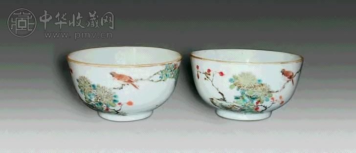 清同治 粉彩花鸟纹碗(1对)