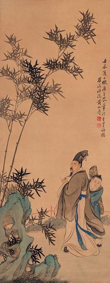 黄山寿 壬辰(1892年)作 携琴访友 立轴 设色绢本