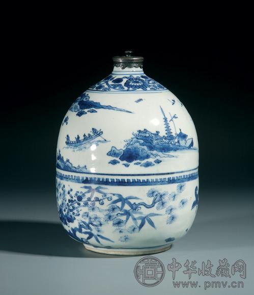 明清过期，约1650年作 青花通海景图瓶