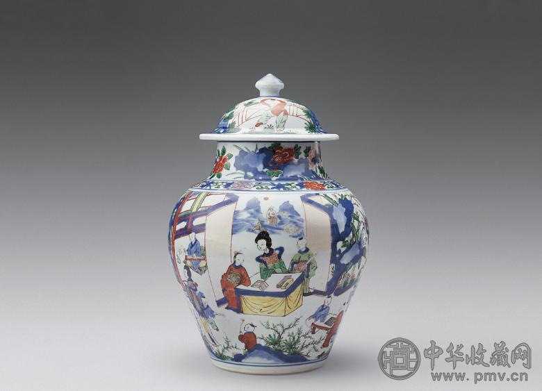 清康熙 五彩四妃十六子图盖罐