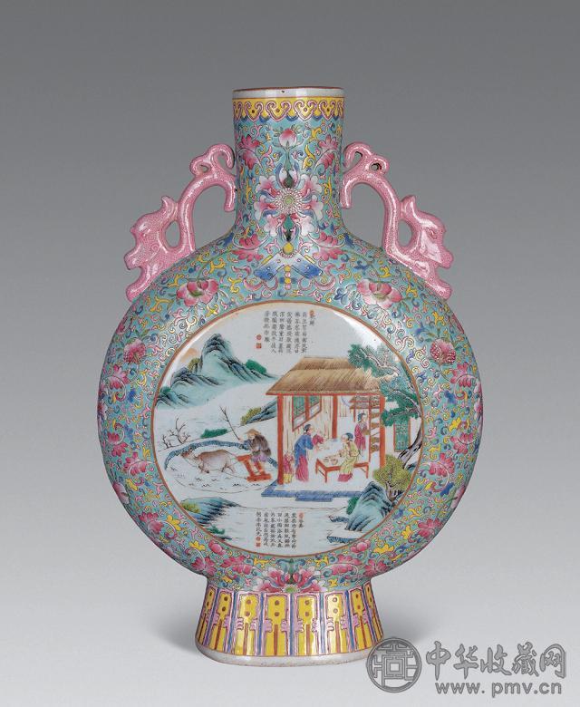 清同治 粉彩耕织图扁瓶