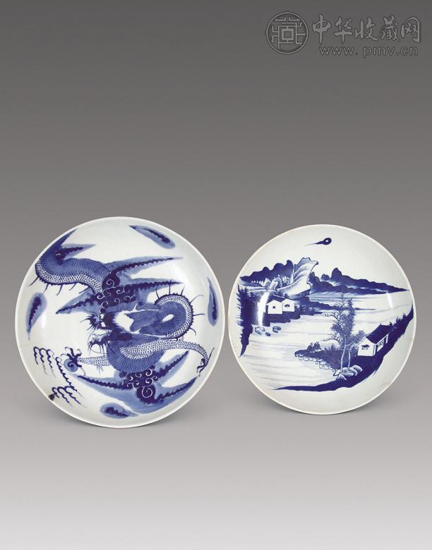 清雍正 青花山水 龙纹盘(各1)