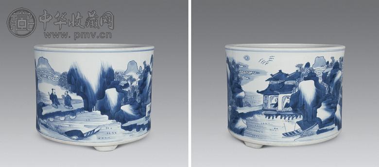 清康熙 青花山水人物三足炉