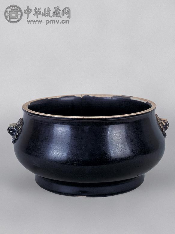 清康熙 茄皮紫釉双兽耳炉