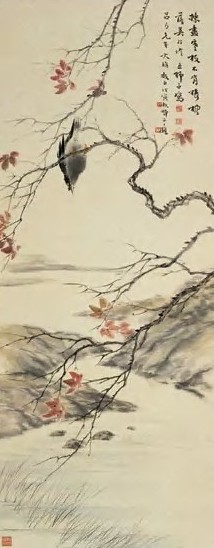 王师子 1938年作 花鸟 立轴 设色纸本