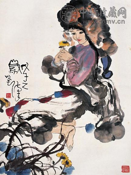 刘汉 戊午(1978年) 拈花姑娘 立轴 设色纸本