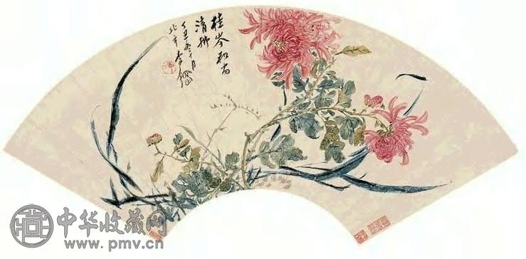 李钢 1877年作 红菊蔓叶图 扇面 设色纸本