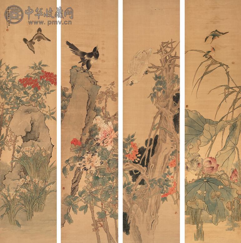 任薰 1881年作 四季花鸟(4幅) 立轴 设色绢本